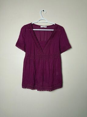 Solitaire Deep Berry Lace-Trim Tunic boho Top 100% Rayon size M